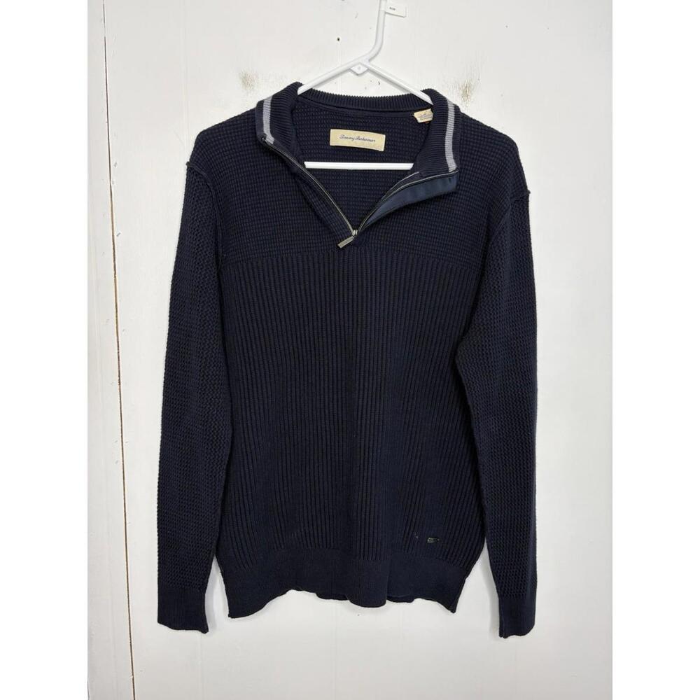 Tommy Bahama Sweater Mens Large Quarter Zip Pullover Heavy Knit Navy Cotton